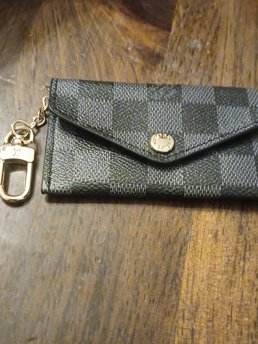 Designer-Style Black Checkered Key Pouch with Gold Hardware